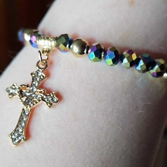 Gold and Purple/Green Multicolor Beaded Bracelet with Cross Charm Pendant - Picture 2 of 2